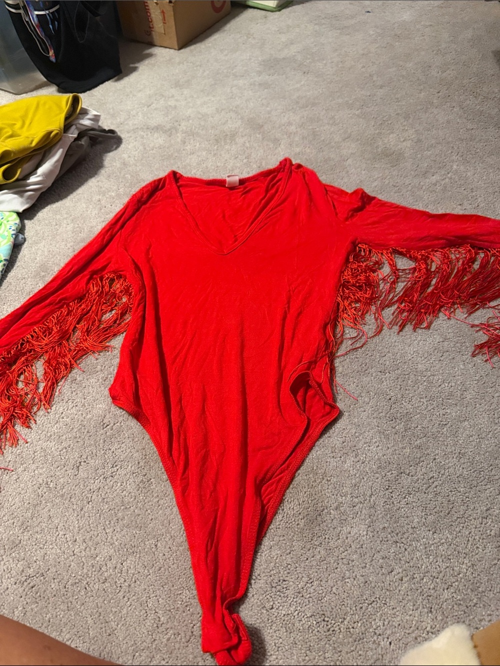 Women's Red Fringe Long-Sleeve Bodysuit